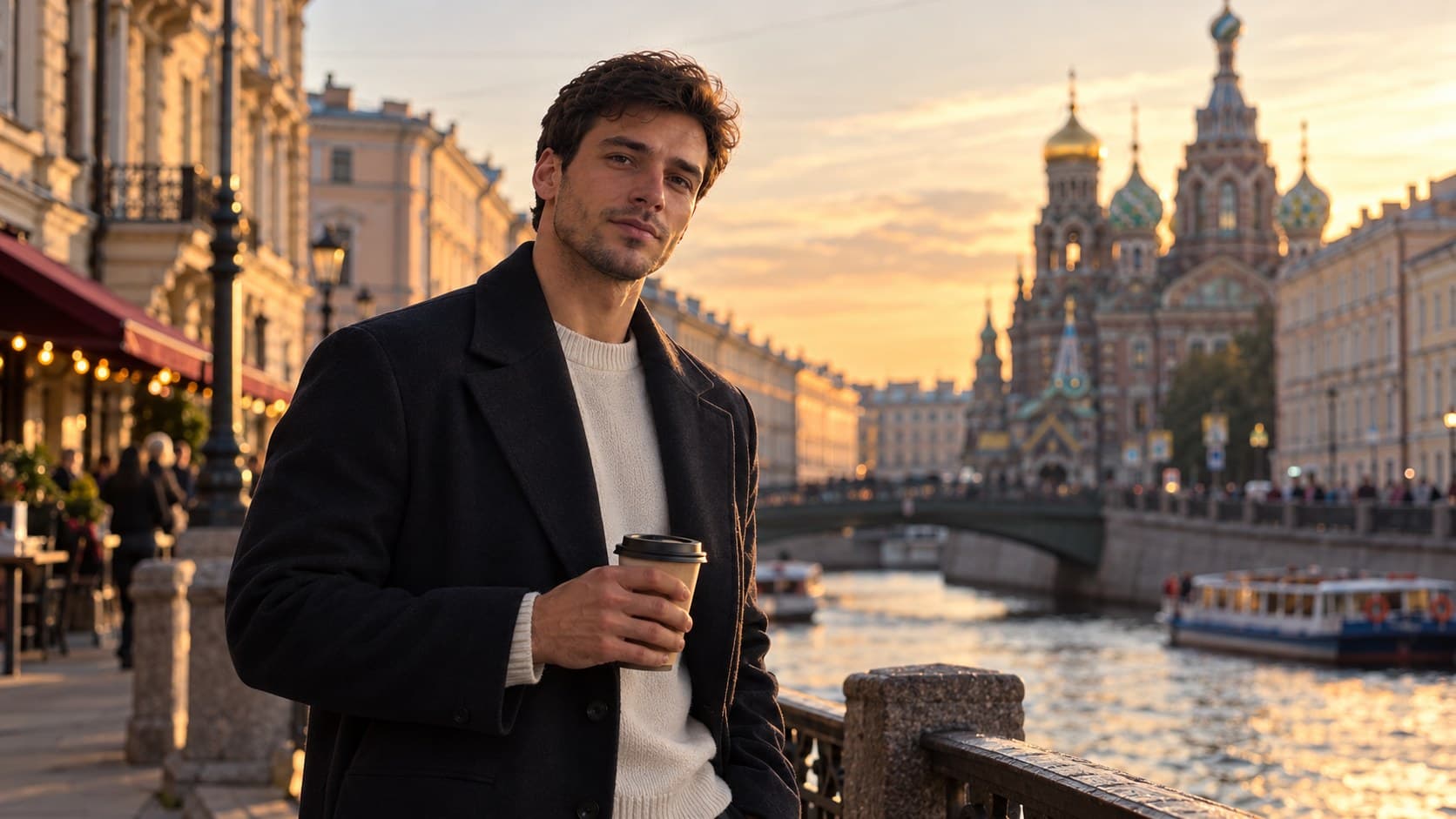 Фотосессия в Санкт-Петербурге: мужчина на набережной канала Грибоедова на закате